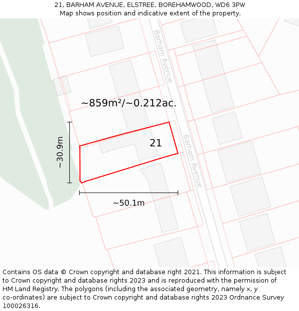 21, BARHAM AVENUE, ELSTREE, BOREHAMWOOD, WD6 3PW: Plot and title map