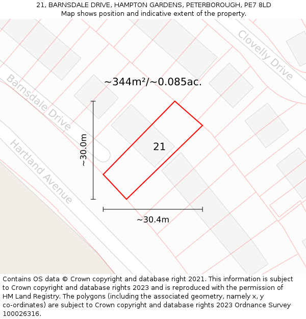 21, BARNSDALE DRIVE, HAMPTON GARDENS, PETERBOROUGH, PE7 8LD: Plot and title map