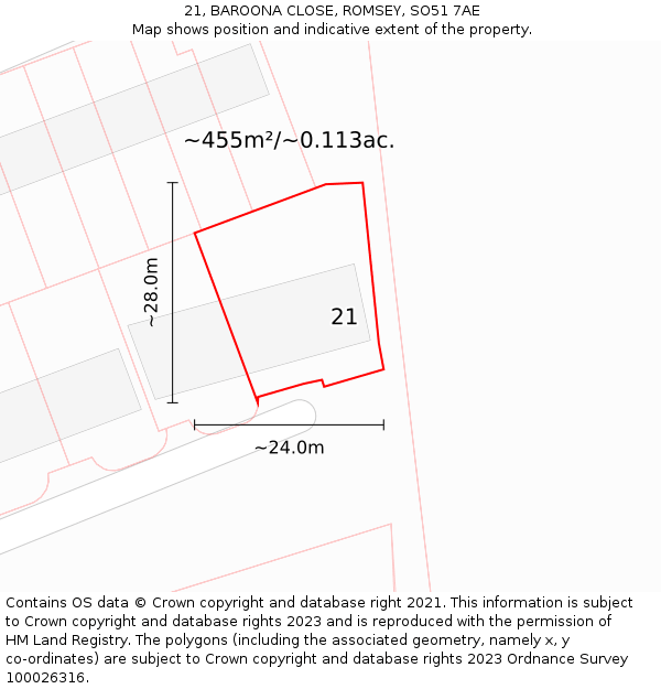 21, BAROONA CLOSE, ROMSEY, SO51 7AE: Plot and title map