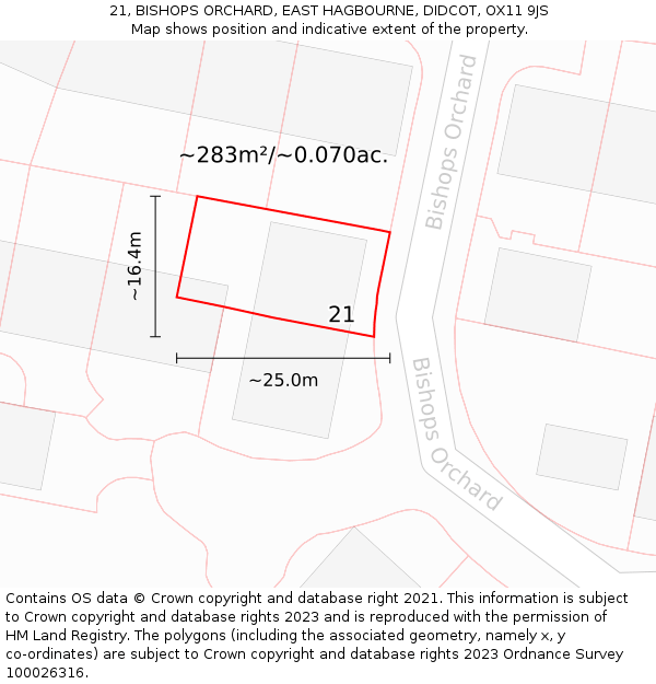 21, BISHOPS ORCHARD, EAST HAGBOURNE, DIDCOT, OX11 9JS: Plot and title map