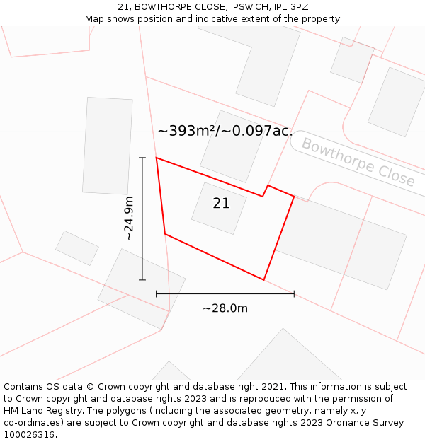 21, BOWTHORPE CLOSE, IPSWICH, IP1 3PZ: Plot and title map