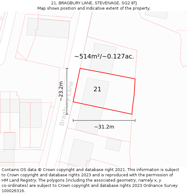 21, BRAGBURY LANE, STEVENAGE, SG2 8TJ: Plot and title map