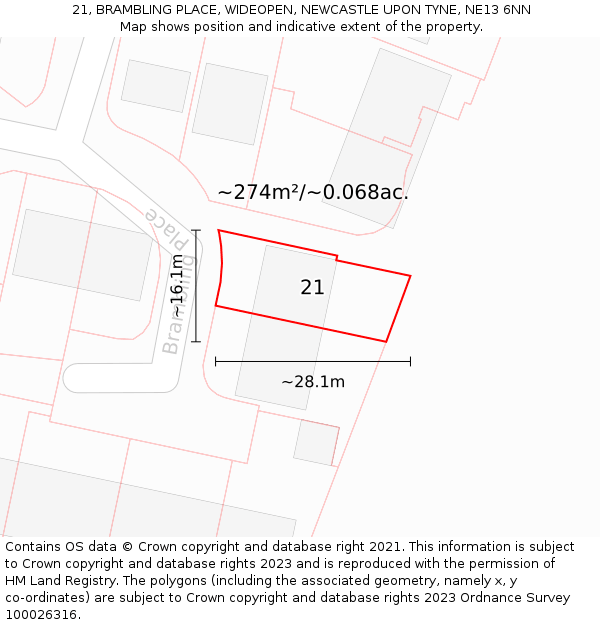 21, BRAMBLING PLACE, WIDEOPEN, NEWCASTLE UPON TYNE, NE13 6NN: Plot and title map