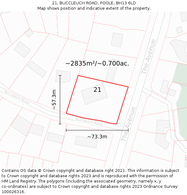 21, BUCCLEUCH ROAD, POOLE, BH13 6LD: Plot and title map