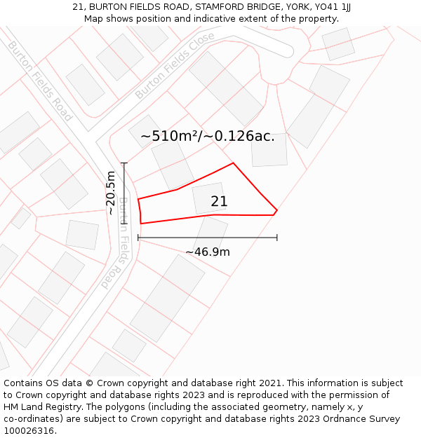 21, BURTON FIELDS ROAD, STAMFORD BRIDGE, YORK, YO41 1JJ: Plot and title map