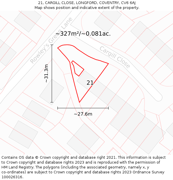 21, CARGILL CLOSE, LONGFORD, COVENTRY, CV6 6AJ: Plot and title map
