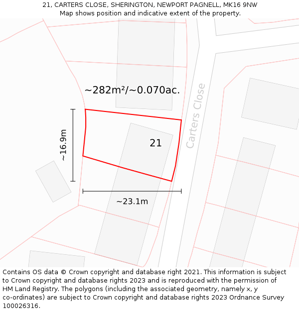 21, CARTERS CLOSE, SHERINGTON, NEWPORT PAGNELL, MK16 9NW: Plot and title map