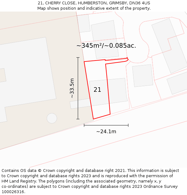 21, CHERRY CLOSE, HUMBERSTON, GRIMSBY, DN36 4US: Plot and title map