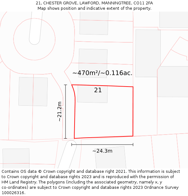 21, CHESTER GROVE, LAWFORD, MANNINGTREE, CO11 2FA: Plot and title map