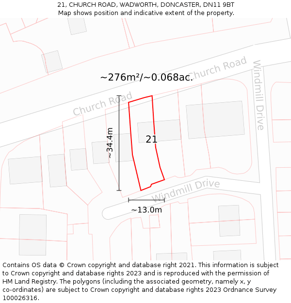 21, CHURCH ROAD, WADWORTH, DONCASTER, DN11 9BT: Plot and title map