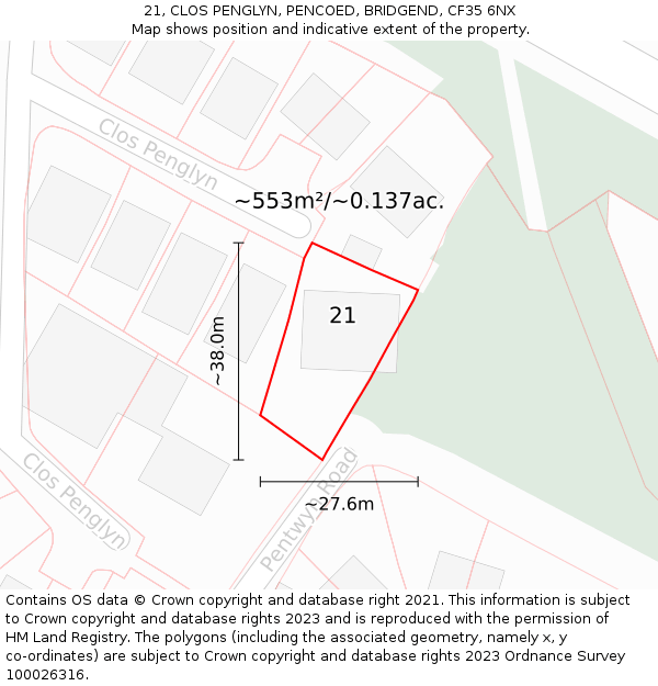 21, CLOS PENGLYN, PENCOED, BRIDGEND, CF35 6NX: Plot and title map