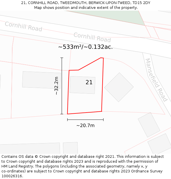 21, CORNHILL ROAD, TWEEDMOUTH, BERWICK-UPON-TWEED, TD15 2DY: Plot and title map