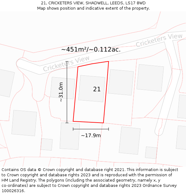 21, CRICKETERS VIEW, SHADWELL, LEEDS, LS17 8WD: Plot and title map