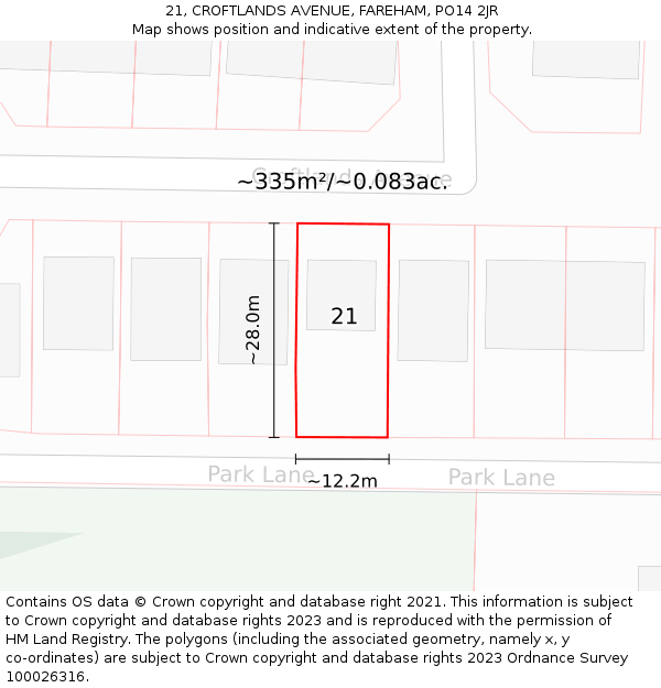 21, CROFTLANDS AVENUE, FAREHAM, PO14 2JR: Plot and title map