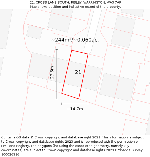 21, CROSS LANE SOUTH, RISLEY, WARRINGTON, WA3 7AF: Plot and title map