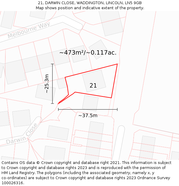 21, DARWIN CLOSE, WADDINGTON, LINCOLN, LN5 9GB: Plot and title map