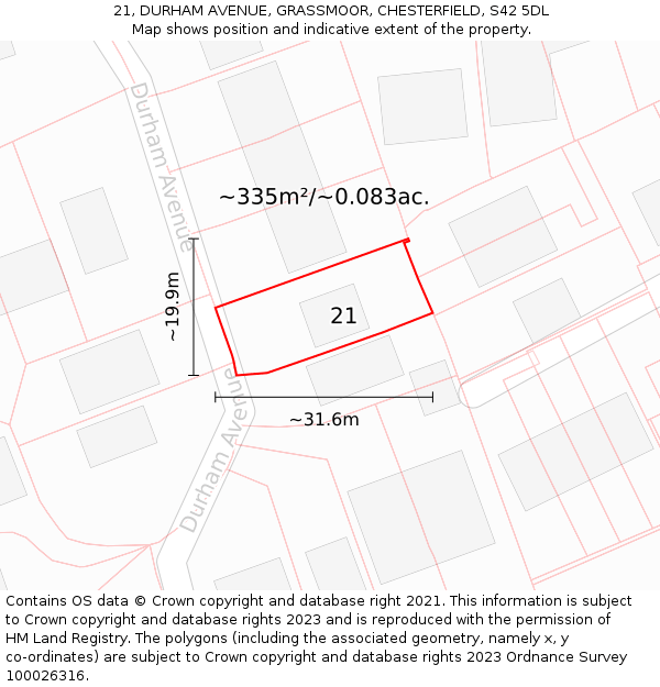 21, DURHAM AVENUE, GRASSMOOR, CHESTERFIELD, S42 5DL: Plot and title map