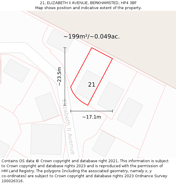 21, ELIZABETH II AVENUE, BERKHAMSTED, HP4 3BF: Plot and title map