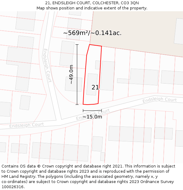 21, ENDSLEIGH COURT, COLCHESTER, CO3 3QN: Plot and title map