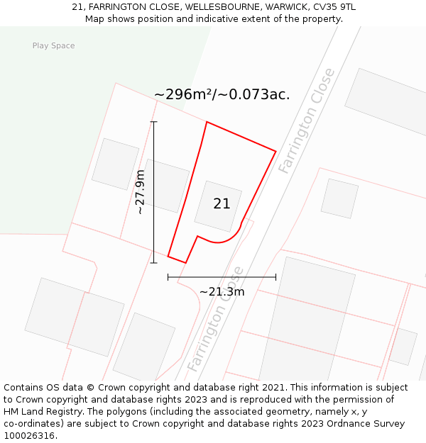 21, FARRINGTON CLOSE, WELLESBOURNE, WARWICK, CV35 9TL: Plot and title map