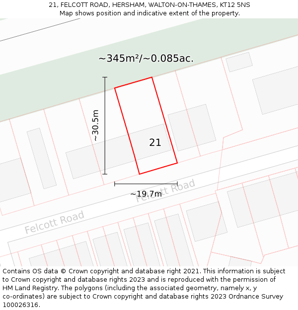 21, FELCOTT ROAD, HERSHAM, WALTON-ON-THAMES, KT12 5NS: Plot and title map