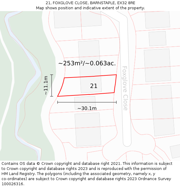 21, FOXGLOVE CLOSE, BARNSTAPLE, EX32 8RE: Plot and title map