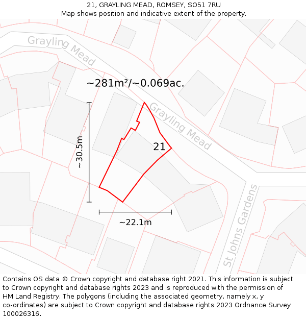 21, GRAYLING MEAD, ROMSEY, SO51 7RU: Plot and title map