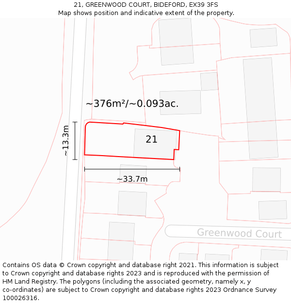 21, GREENWOOD COURT, BIDEFORD, EX39 3FS: Plot and title map