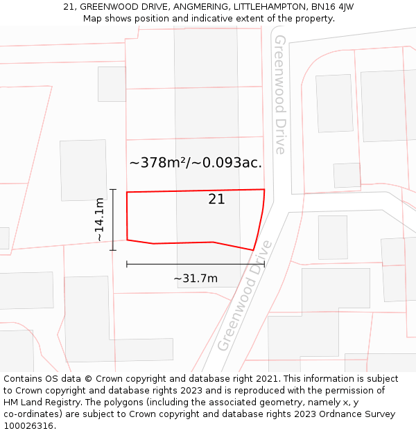 21, GREENWOOD DRIVE, ANGMERING, LITTLEHAMPTON, BN16 4JW: Plot and title map