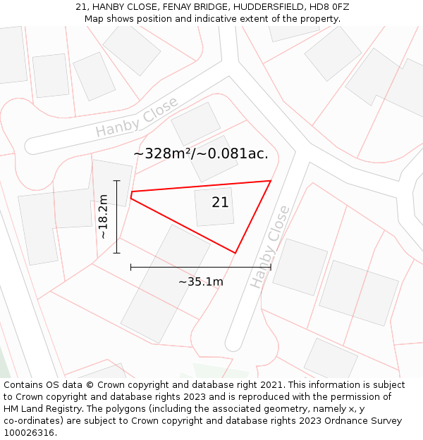 21, HANBY CLOSE, FENAY BRIDGE, HUDDERSFIELD, HD8 0FZ: Plot and title map