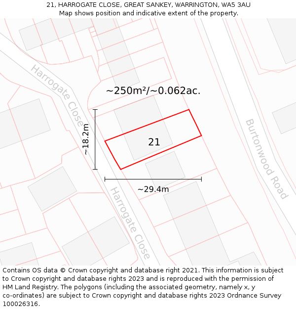 21, HARROGATE CLOSE, GREAT SANKEY, WARRINGTON, WA5 3AU: Plot and title map