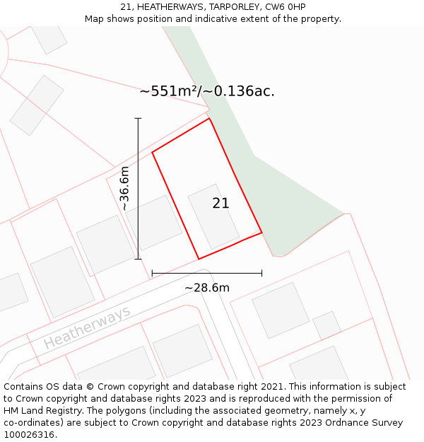 21, HEATHERWAYS, TARPORLEY, CW6 0HP: Plot and title map