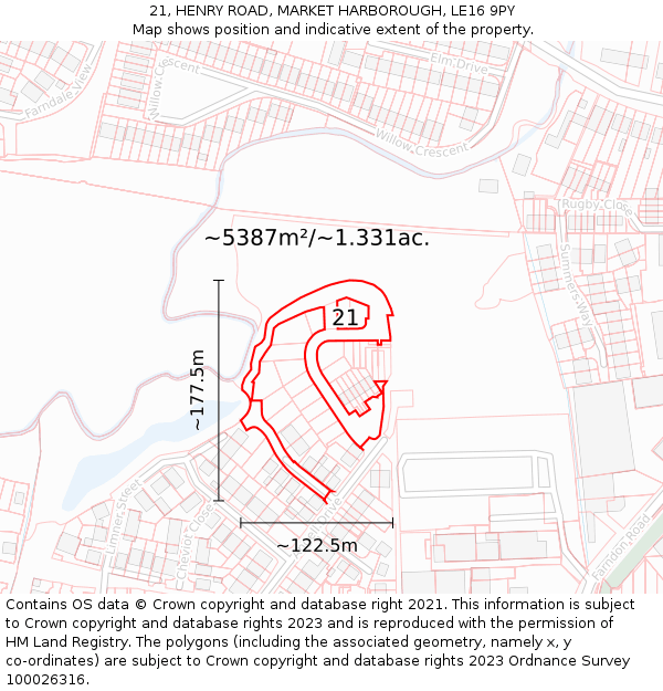 21, HENRY ROAD, MARKET HARBOROUGH, LE16 9PY: Plot and title map