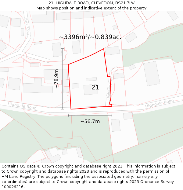 21, HIGHDALE ROAD, CLEVEDON, BS21 7LW: Plot and title map