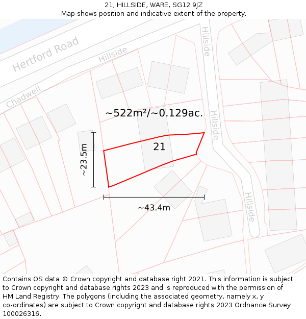 21, HILLSIDE, WARE, SG12 9JZ: Plot and title map