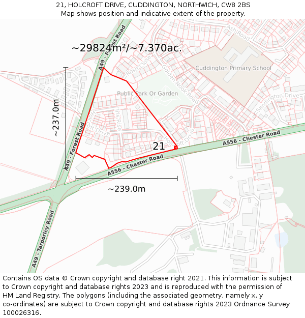 21, HOLCROFT DRIVE, CUDDINGTON, NORTHWICH, CW8 2BS: Plot and title map