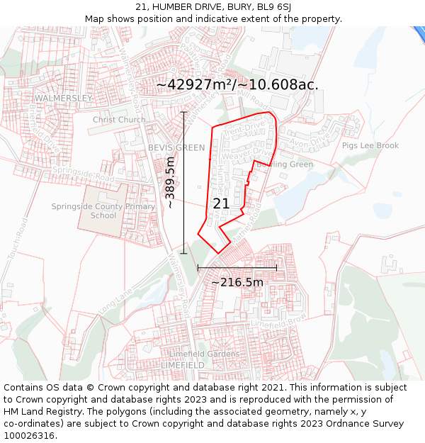 21, HUMBER DRIVE, BURY, BL9 6SJ: Plot and title map