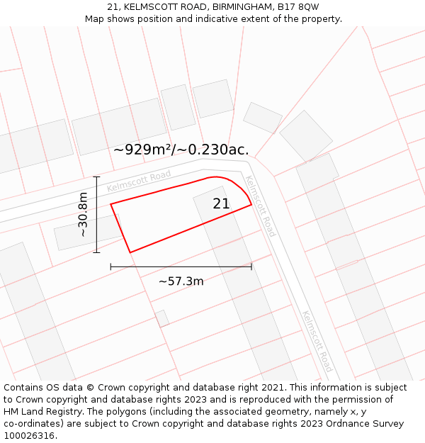 21, KELMSCOTT ROAD, BIRMINGHAM, B17 8QW: Plot and title map