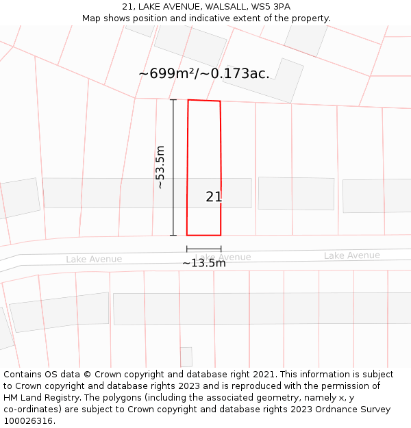 21, LAKE AVENUE, WALSALL, WS5 3PA: Plot and title map