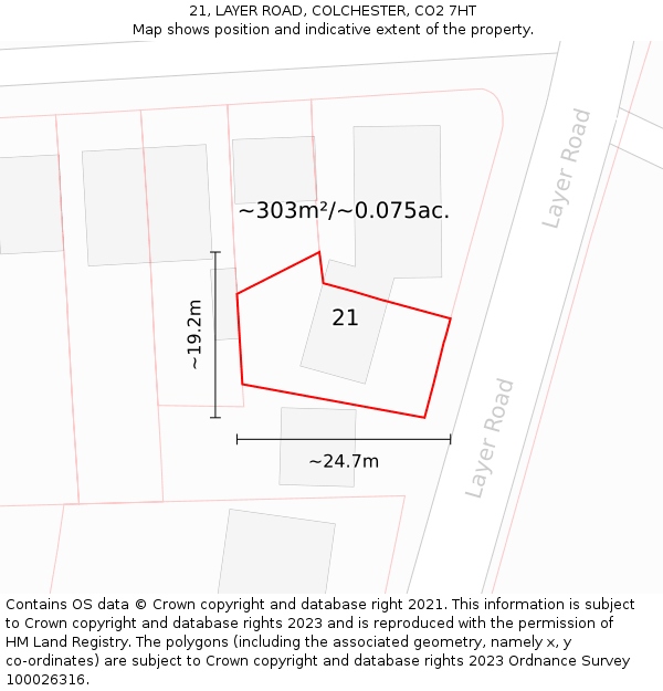 21, LAYER ROAD, COLCHESTER, CO2 7HT: Plot and title map