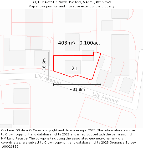 21, LILY AVENUE, WIMBLINGTON, MARCH, PE15 0WS: Plot and title map