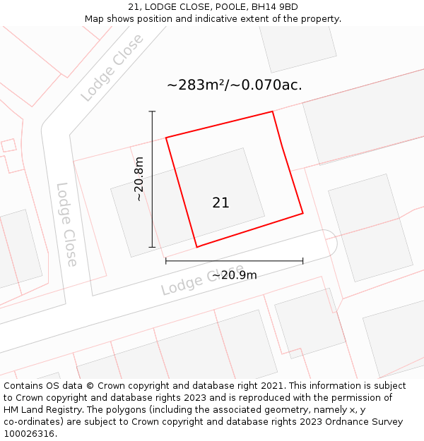 21, LODGE CLOSE, POOLE, BH14 9BD: Plot and title map