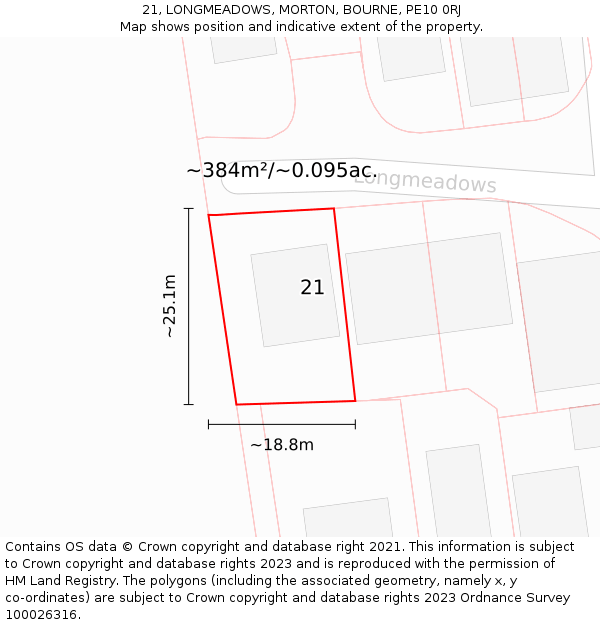 21, LONGMEADOWS, MORTON, BOURNE, PE10 0RJ: Plot and title map