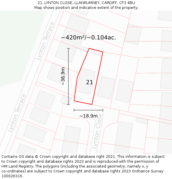 21, LYNTON CLOSE, LLANRUMNEY, CARDIFF, CF3 4BU: Plot and title map