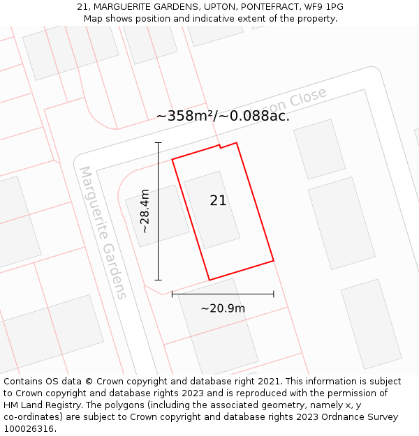 21, MARGUERITE GARDENS, UPTON, PONTEFRACT, WF9 1PG: Plot and title map