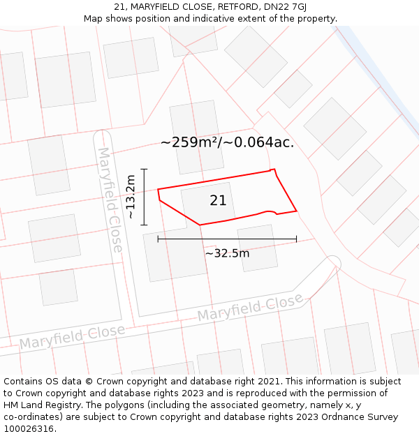 21, MARYFIELD CLOSE, RETFORD, DN22 7GJ: Plot and title map