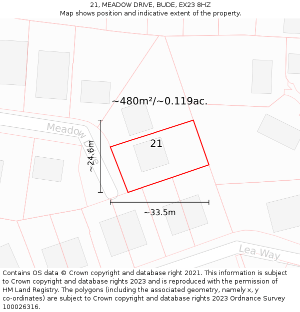 21, MEADOW DRIVE, BUDE, EX23 8HZ: Plot and title map