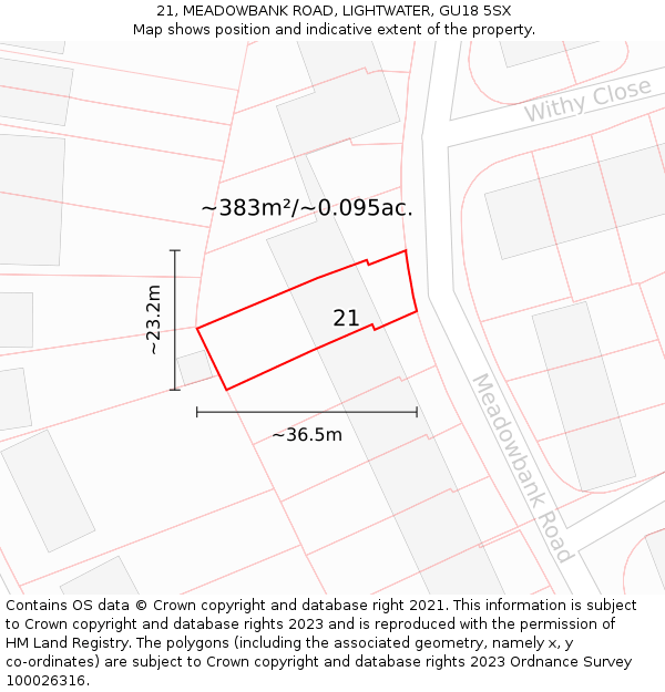 21, MEADOWBANK ROAD, LIGHTWATER, GU18 5SX: Plot and title map