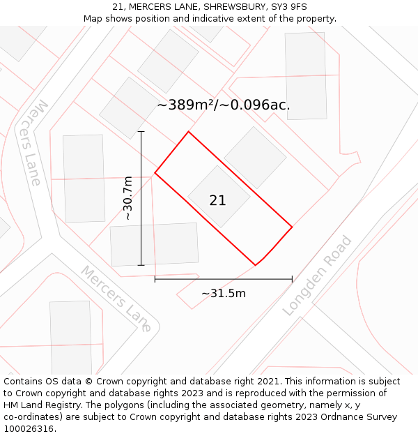 21, MERCERS LANE, SHREWSBURY, SY3 9FS: Plot and title map