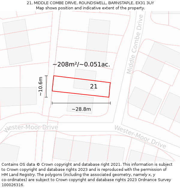 21, MIDDLE COMBE DRIVE, ROUNDSWELL, BARNSTAPLE, EX31 3UY: Plot and title map